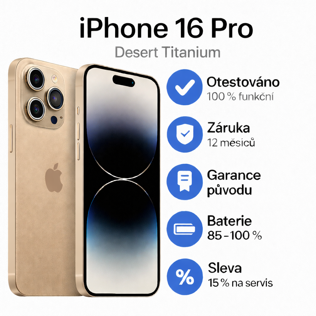 iPhone 16 Pro Desert Titanium – titanový iPhone s 6,3″ displejem, 5× optickým zoomem, záruka 12 měsíců