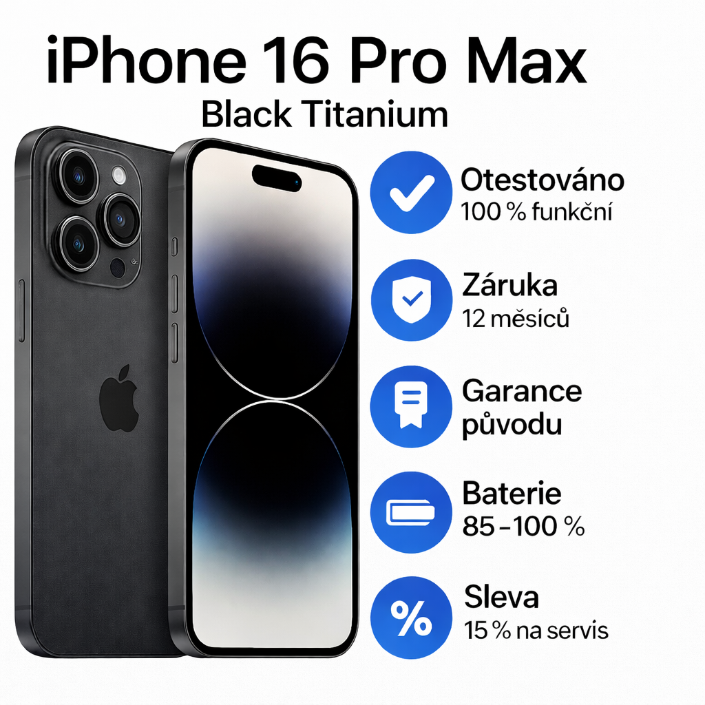 iPhone 16 Pro Max Black Titanium – titanový iPhone s 6,9″ displejem, 5× optickým zoomem, záruka 12 měsíců