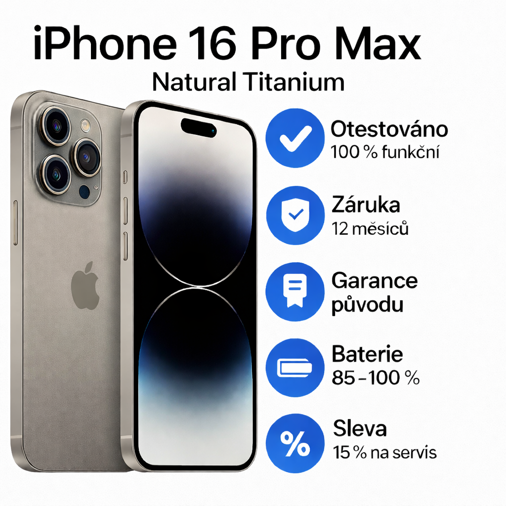 iPhone 16 Pro Max Natural Titanium – titanový iPhone s 6,9″ displejem, 5× optickým zoomem, záruka 12 měsíců